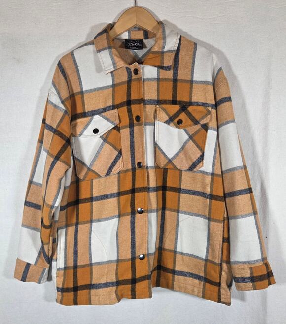 HFX Jackets & Blazers - HFX Women's Plaid Flannel Shirt Jacket Shacket Relaxed Fit Mustard/ White Sz S